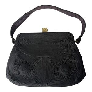 Vintage Ador Bag Co Black Genuine Corde Handbag Gold Tone Frame Top Handle